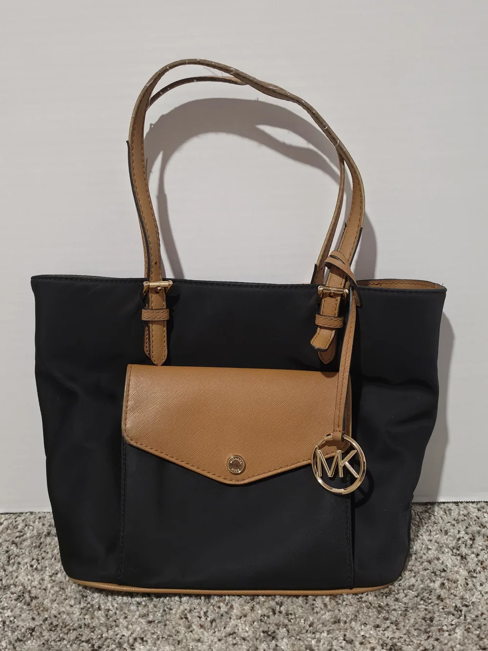 Michael Kors Tote Bag Black Brown Nylon Leather Shoulder Purse Large